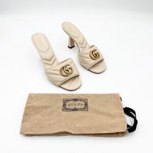 Gucci GG Marmont Quilted Leather Slide Sandals Cream Block Heel Mule 36.5, 6.5